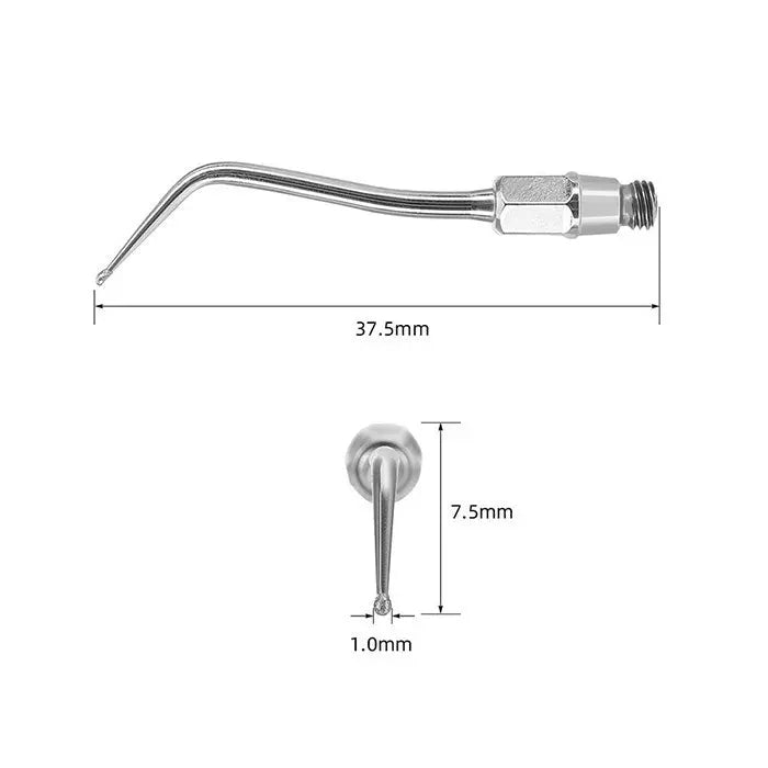 Dental Ultrasonic Air Scaler Scaling Handpiece Tip, 37.5mm length, curved metal design with 7.5mm diameter head and 1.0mm fine point, compatible with Kavo SONICflex models for precise dental procedures