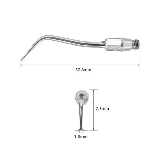 Dental Ultrasonic Air Scaler Scaling Handpiece Tip, measuring 37.8mm in length with a 1.0mm wide and 7.3mm long curved end, designed for Kavo SONICflex models, used for various dental procedures including calculus removal and caries treatment