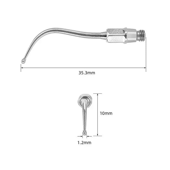 Dental Ultrasonic Air Scaler Scaling Handpiece Tip No.05-No.81, showing curved metal tip with measurements. Compatible with Kavo SONICflex models, used for calculus removal and minimally invasive dental treatments.