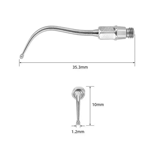 Dental Ultrasonic Air Scaler Scaling Handpiece Tip No.05-No.81, showing curved metal tip with measurements. Compatible with Kavo SONICflex models, used for calculus removal and minimally invasive dental treatments.