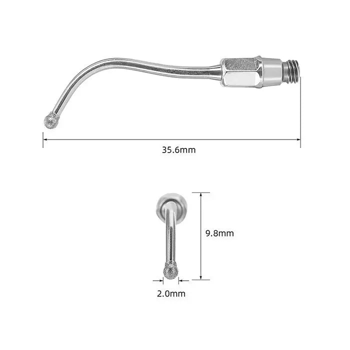 Dental Ultrasonic Air Scaler Scaling Handpiece Tip No.05-No.81, curved metal instrument with precise dimensions, 35.6mm length, 9.8mm height, and 2.0mm tip diameter, for Kavo SONICflex dental equipment, used in various dental procedures