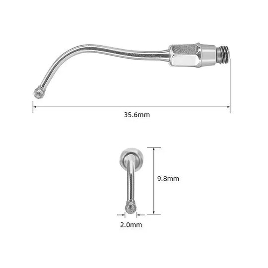 Dental Ultrasonic Air Scaler Scaling Handpiece Tip No.05-No.81, curved metal instrument with precise dimensions, 35.6mm length, 9.8mm height, and 2.0mm tip diameter, for Kavo SONICflex dental equipment, used in various dental procedures