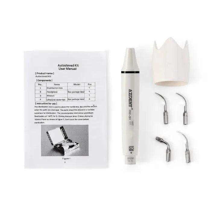 Dental Ultrasonic Scaler Handpiece HW-3H & Tips G1 G2 P1 E1 Kit components displayed: instruction manual, white handpiece, multiple scaler tips, and disinfection container. Complete set for dental scaling and root canal irrigation, compatible with various scaler brands.