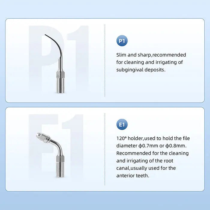 Dental Ultrasonic Scaler Handpiece HW-3H & Tips Kit: P1 tip for subgingival cleaning, E1 tip for root canal irrigation. Showcases slim, sharp P1 tip and angled E1 tip with descriptions of their specific dental applications for effective cleaning and treatment.