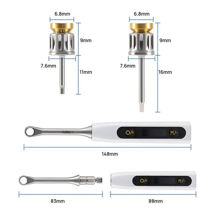 Dental Universal Implant Driver Kit components: two precision drivers with gold-colored heads and measurements, alongside two electronic torque wrenches with dimensions. Part of 16-piece colorful driver set with 10-50Ncm electronic torque wrench.