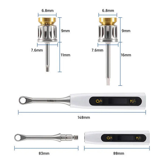 Dental Universal Implant Driver Kit components: two precision drivers with gold-colored heads and measurements, alongside two electronic torque wrenches with dimensions. Part of 16-piece colorful driver set with 10-50Ncm electronic torque wrench.