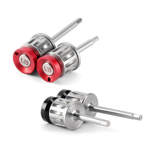 Dental Universal Implant Driver Kit components: Two red-capped and one black-capped stainless steel drivers with precision markings, part of 16-piece set with electronic torque wrench for various implant systems.