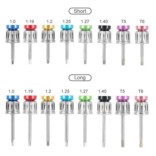 Dental Universal Implant Driver Kit 16pcs Drivers With Torque Wrench 15-70Ncm: Set of 16 color-coded dental implant drivers in short and long lengths, ranging from 1.0 to T6 sizes, displayed in two rows against a white background.