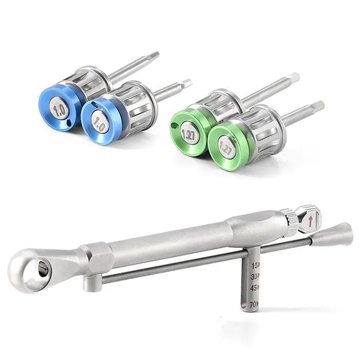 Dental Universal Implant Driver Kit 16pcs Drivers With Torque Wrench 15-70Ncm: Stainless steel dental tools including color-coded drivers with blue and green ends, and adjustable torque wrench for precise implant procedures