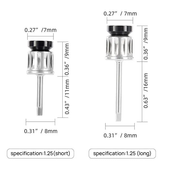 Dental Universal Implant Driver Kit 16pcs Drivers With Torque Wrench 15-70Ncm: Detailed diagram showing short and long driver specifications with measurements in inches and millimeters, highlighting the precise dimensions of the dental implant drivers included in the kit.