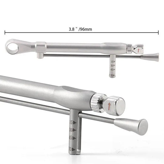 Dental Universal Implant Driver Kit torque wrench, 96mm long stainless steel tool with adjustable settings from 15-70Ncm, featuring a circular handle and calibrated scale for precise dental implant procedures