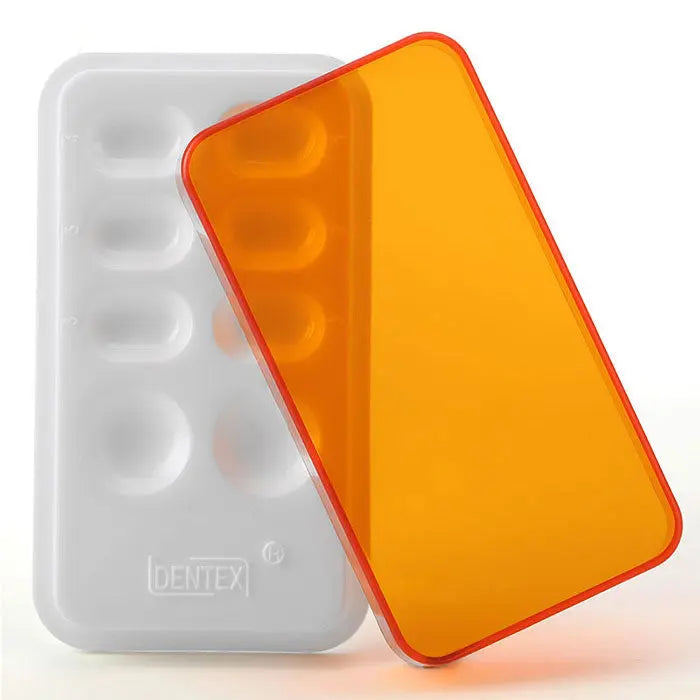 Dental Veneer Storage Box with 8 holes, featuring white and orange compartments for teeth patch storage. Durable, shading light design for denture retainer and molar boxes. High-quality, health-safe materials for dental professionals.