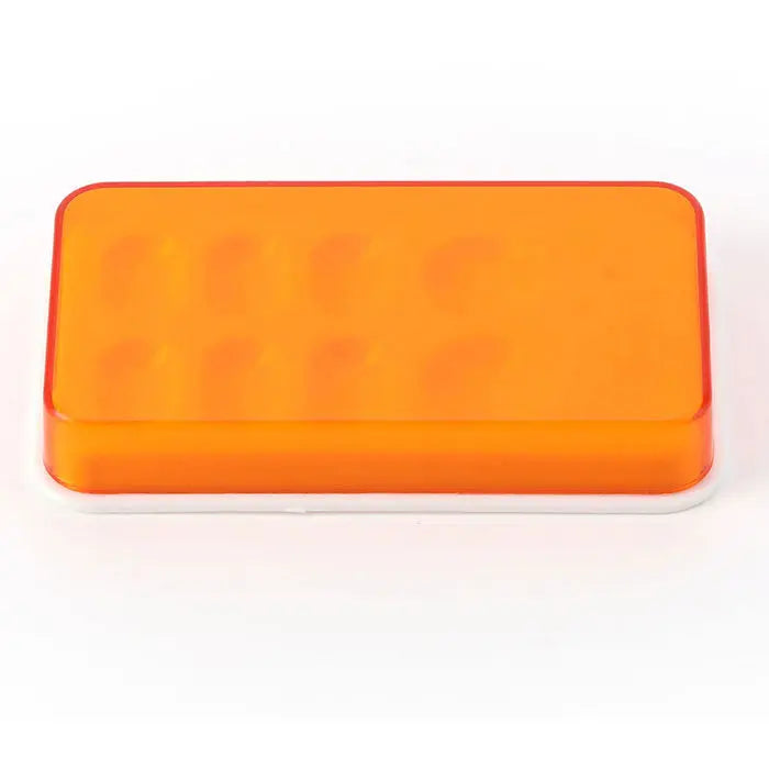 Dental Veneer Storage Box with 8 holes, bright orange rectangular case for teeth patch, denture retainer, and molar storage. Durable plastic construction with translucent lid for easy visibility of contents.