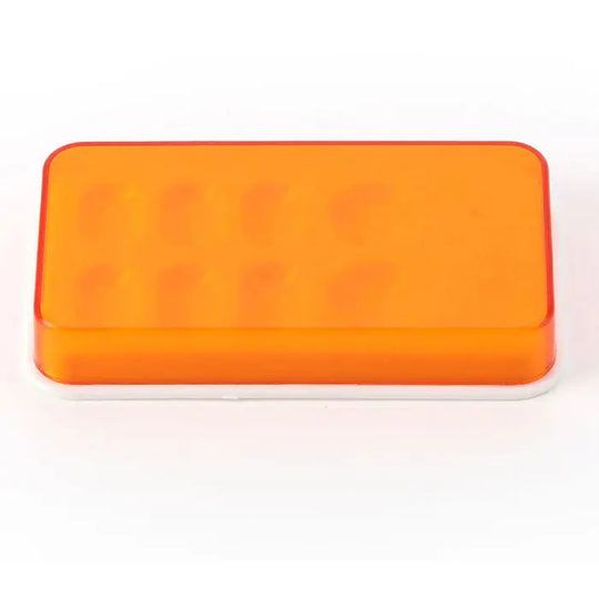 Dental Veneer Storage Box with 8 holes, bright orange rectangular case for teeth patch, denture retainer, and molar storage. Durable plastic construction with translucent lid for easy visibility of contents.