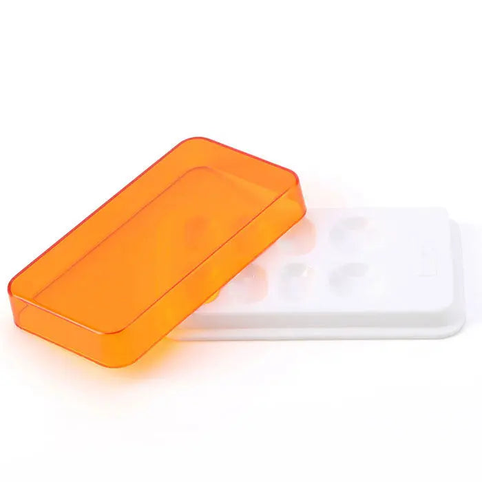 Dental Veneer Storage Box with orange translucent lid and white base, featuring 8 holes for organizing teeth patches, dentures, or retainers. Compact rectangular design for dental professionals or personal use.