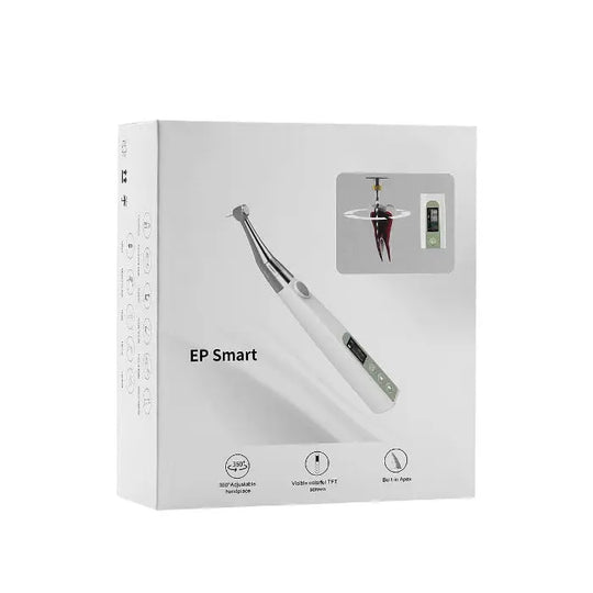 Dental Wireless Endo Motor with Built-in Apex Locator - EP Smart product box showing white handpiece, 360° adjustable angle, LED screen, and built-in apex locator for precise root canal measurements and treatments