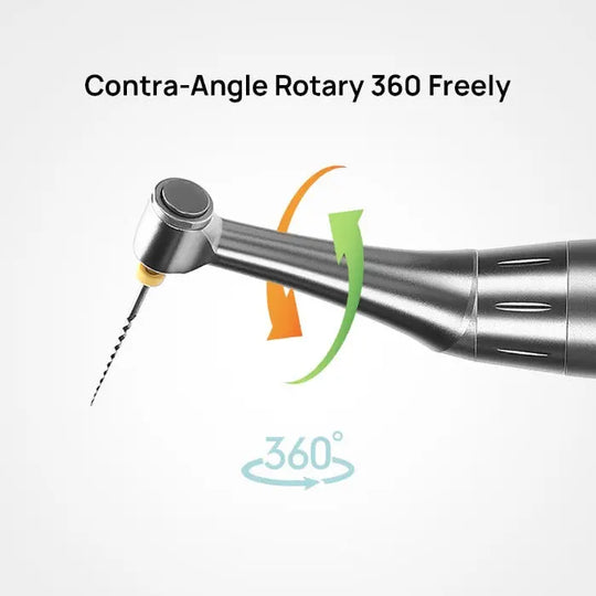 Dental Wireless Endo Motor with 360° adjustable handpiece, featuring contra-angle rotary mechanism and built-in apex locator. Image shows silver dental instrument with rotating capability, highlighted by colorful arrows indicating 360-degree movement.