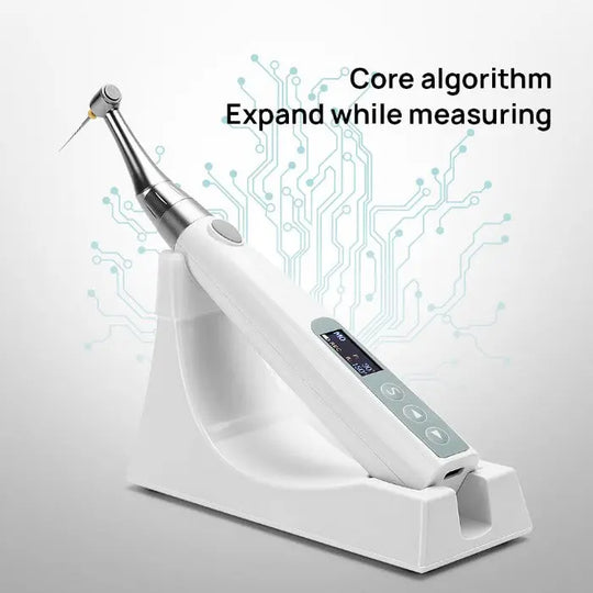 Dental Wireless Endo Motor with Built-in Apex Locator and 360° Adjustable Handpiece, featuring core algorithm and expand while measuring technology, displayed on white background with digital circuit design overlay