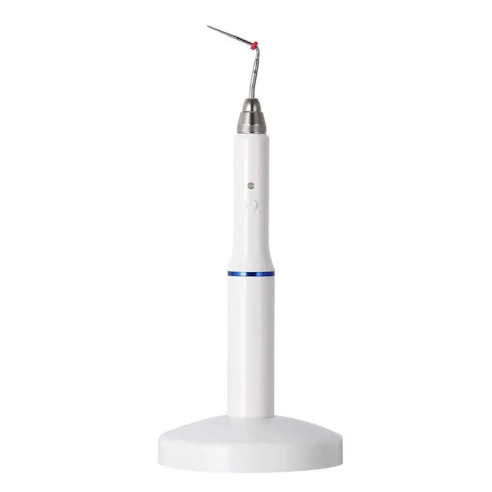 Dental Wireless Gutta Percha Obturation Endo Heated Pen on charging base, featuring white cylindrical body with blue indicator light, silver tip, and red heating element for precise dental procedures