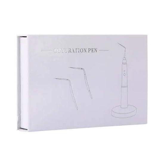 White product box for Dental Wireless Gutta Percha Obturation Endo Heated Pen, showing outline illustrations of obturation pen and tips, labeled "OBTURATION PEN" on front