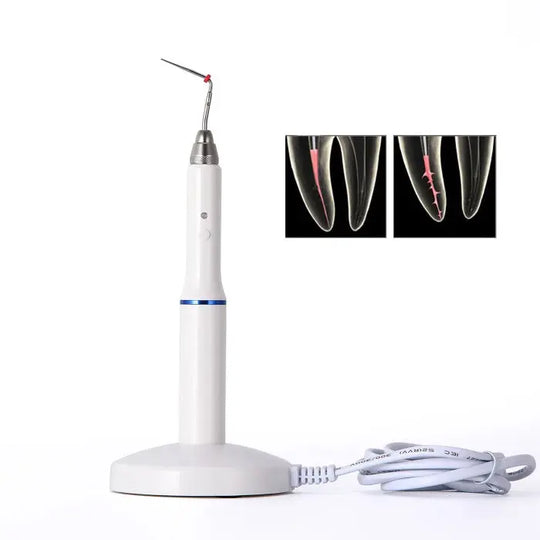 Dental Wireless Gutta Percha Obturation Endo Heated Pen with charging base, showcasing its slim white design and precision tip. X-ray images of teeth demonstrate the pen's effectiveness in root canal procedures.