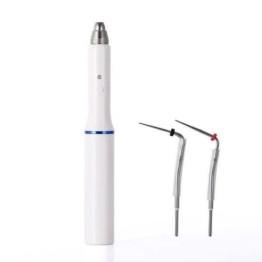 Dental Wireless Gutta Percha Obturation Endo Heated Pen with white cylindrical body, blue indicator ring, and two metal tips for precise root canal filling in dentistry