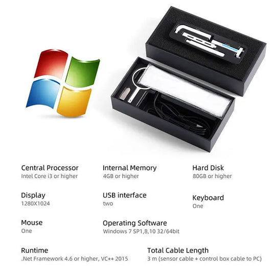 Dental X-Ray Digital RVG Sensor XVS2121 Size 1.0 with Software system requirements image showing Windows logo, sensor box, and hardware specifications including processor, memory, hard disk, display, USB interface, keyboard, mouse, operating software, and runtime details for optimal performance