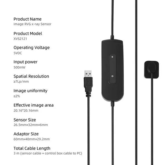 Dental X-Ray Digital RVG Sensor XVS2121 Size 1.0 with Software: Product specifications image showing technical details of the sensor, including model, voltage, resolution, size, and cable length. Black device with USB connection visible.