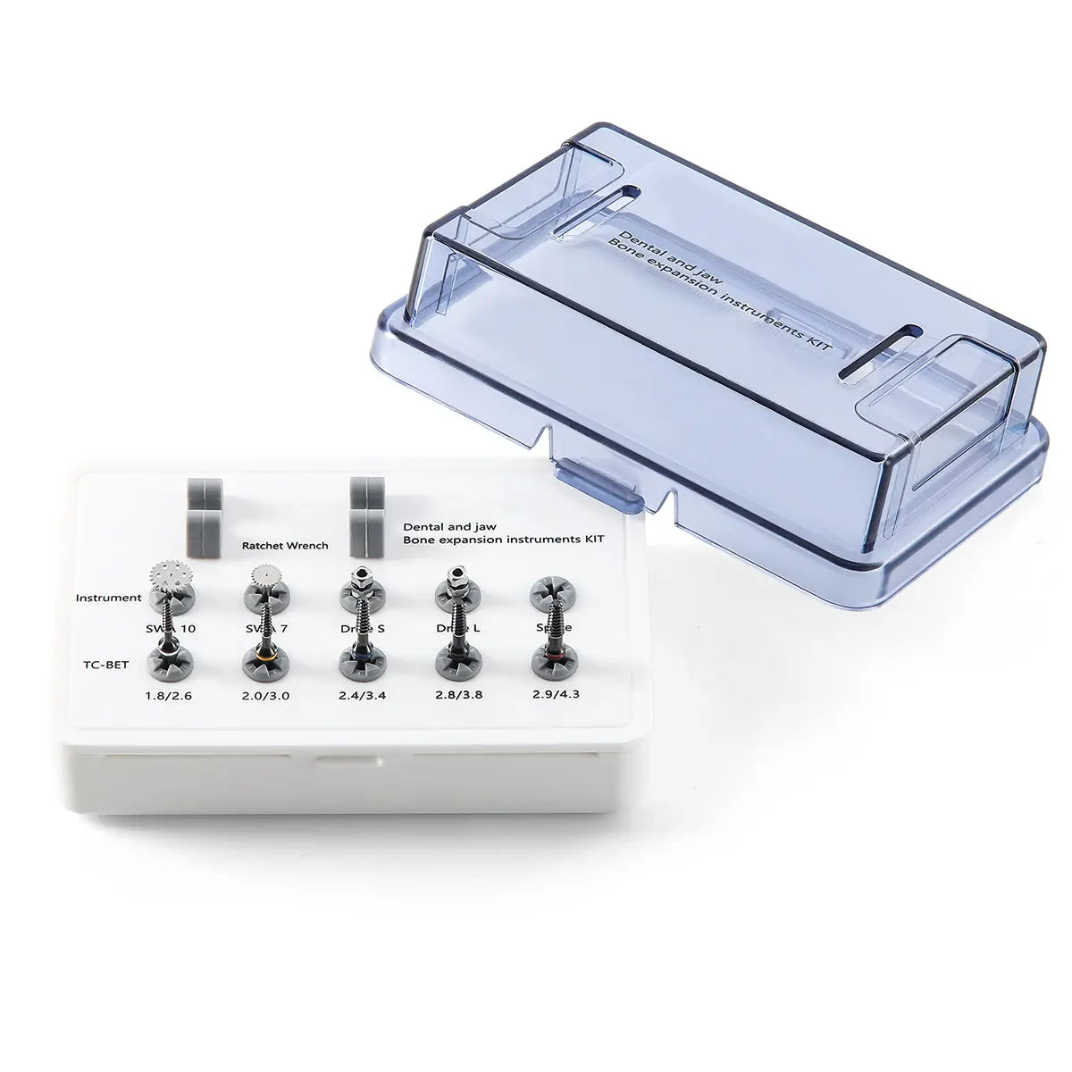 Dental and Jaw Bone Expansion Instruments Kit featuring stainless steel implant tools in a sterilizable container. Set includes various sized bets, drivers, and instruments for dental procedures, neatly organized in a transparent blue case.