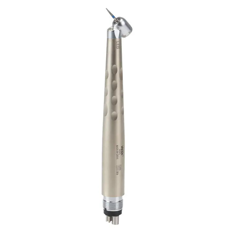 Dental handpiece surgical 45 degree LED ceramic bearing: Sleek silver dental tool with angled head, ergonomic grip, and visible LED light. Features textured handle for precision control during surgical procedures. High-speed handpiece designed for impacted tooth extraction and other dental operations.