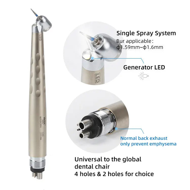 Dental handpiece surgical 45 degree LED ceramic bearing with single spray system, LED generator, normal back exhaust, and universal compatibility. Features 4 holes and 2 holes option, bur size 1.59-1.6mm, and prevents emphysema. High-speed, push-button design for efficient dental procedures.