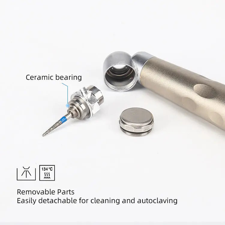 Dental handpiece surgical 45 degree LED ceramic bearing with removable parts, featuring a ceramic bearing, detachable components for easy cleaning and autoclaving, and a slim metallic body. High-speed dental tool for precise surgical procedures.