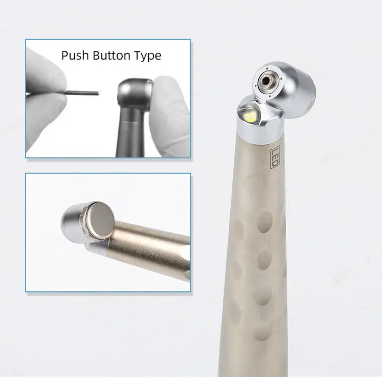 Dental handpiece surgical 45 degree LED ceramic bearing with push button type, showing close-up of button and handpiece body. Features ergonomic design, LED light, and 45-degree angled head for precise dental procedures.