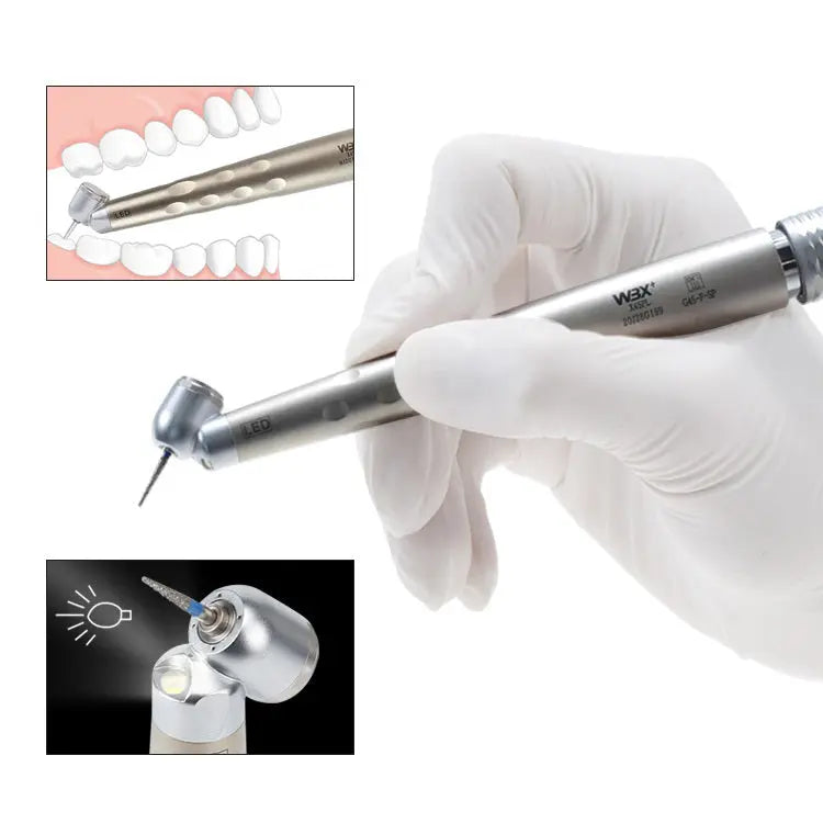 Dental handpiece surgical 45 degree LED ceramic bearing in use, showing gloved hand holding silver device with angled tip. Inset images display handpiece application on teeth and LED light feature.