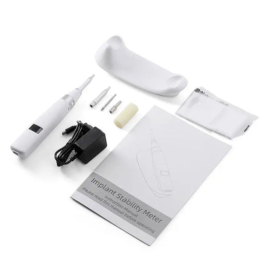 Dental Implant Stability Device Measuring kit with handheld device, charging adapter, various attachments, protective sleeve, and instruction manual on white background.