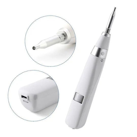 Dental Implant Stability Device Measuring instrument with handheld probe, tapping rod tip, and charging base. White and silver design for precise implant stability assessment in dentistry.