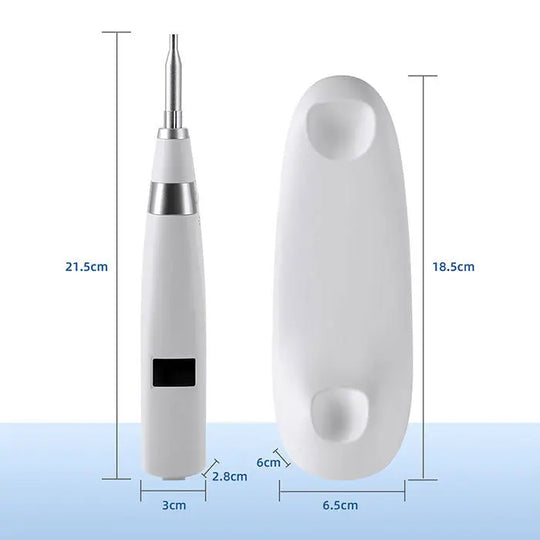 Dental Implant Stability Device Measuring: Handheld white device with metal tip and digital display for assessing implant stability, shown next to its charging base with dimensions labeled.