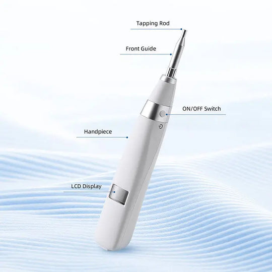 Dental Implant Stability Device Measuring instrument with labeled parts including tapping rod, front guide, ON/OFF switch, handpiece, and LCD display, shown against a blue wavy background representing precision and dental technology.