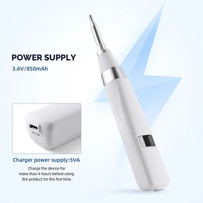 Dental Implant Stability Device Measuring handpiece with 3.6V/850mAh power supply and 5VA charger. White device with silver tip for measuring implant stability, accompanied by charging specifications and a blue power icon.