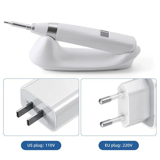 Dental Implant Stability Device Measuring instrument shown with handheld probe, charging base, and US/EU plug adapters. White and silver design for precise dental implant stability assessment in clinical settings.