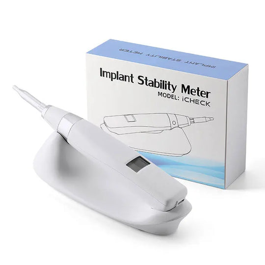 Dental Implant Stability Device Measuring: Handheld implant stability meter with white ergonomic design, featuring a pointed tip for precise measurements. Product box displays device name and model, showcasing the instrument's compact and professional appearance for dental implantology.