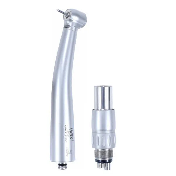 Dental quick coupling handpiece with NSK Quick Coupling, featuring a sleek silver design, standard head, push button, and detachable coupling. High-speed dental tool for precise operations, showcasing professional-grade quality and modern dental technology.