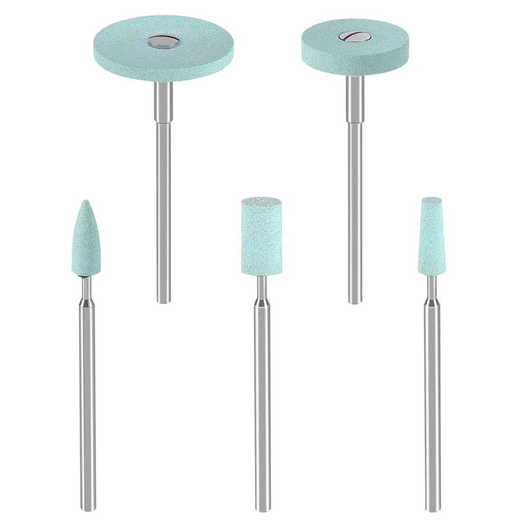 Dental Lab Ceramic Diamond Grinder Zirconia Porcelain Polish Mid-Coarse set featuring five light blue grinding and polishing tools with metal shanks, including two disc-shaped grinders and three different shaped polishing tips for precise dental work on zirconia and porcelain surfaces.