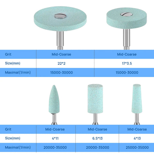 Dental Lab Ceramic Diamond Grinder Zirconia Porcelain Polish Mid-Coarse: Various shapes and sizes of light blue dental grinding tools with metal shanks, including discs and pointed tips. Product specifications shown for grit, size, and maximum rotations per minute.