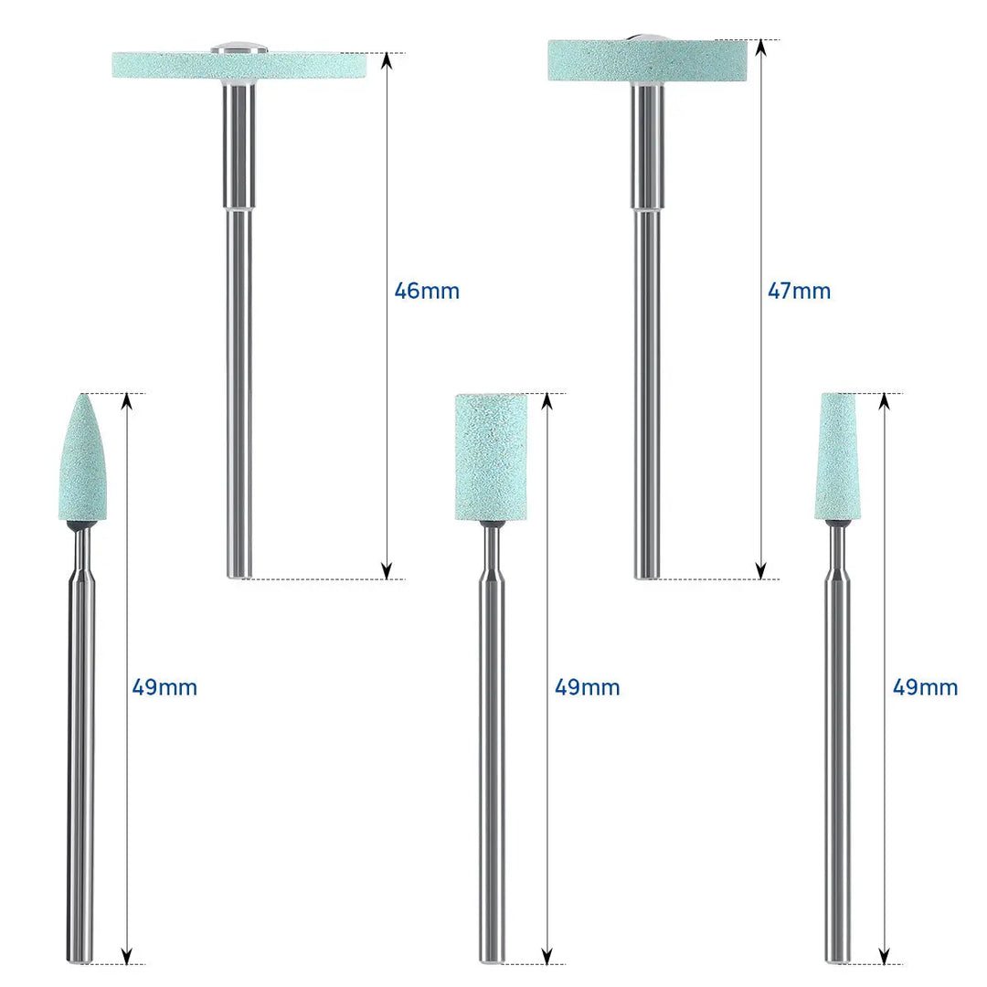 Dental Lab Ceramic Diamond Grinder Zirconia Porcelain Polish Mid-Coarse - Set of 5 dental grinding tools with various shapes and sizes, featuring light blue ceramic tips and metal shafts. Dimensions displayed for each tool, ranging from 46mm to 49mm in length.