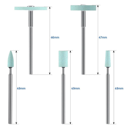 Dental Lab Ceramic Diamond Grinder Zirconia Porcelain Polish Mid-Coarse - Set of 5 dental grinding tools with various shapes and sizes, featuring light blue ceramic tips and metal shafts. Dimensions displayed for each tool, ranging from 46mm to 49mm in length.