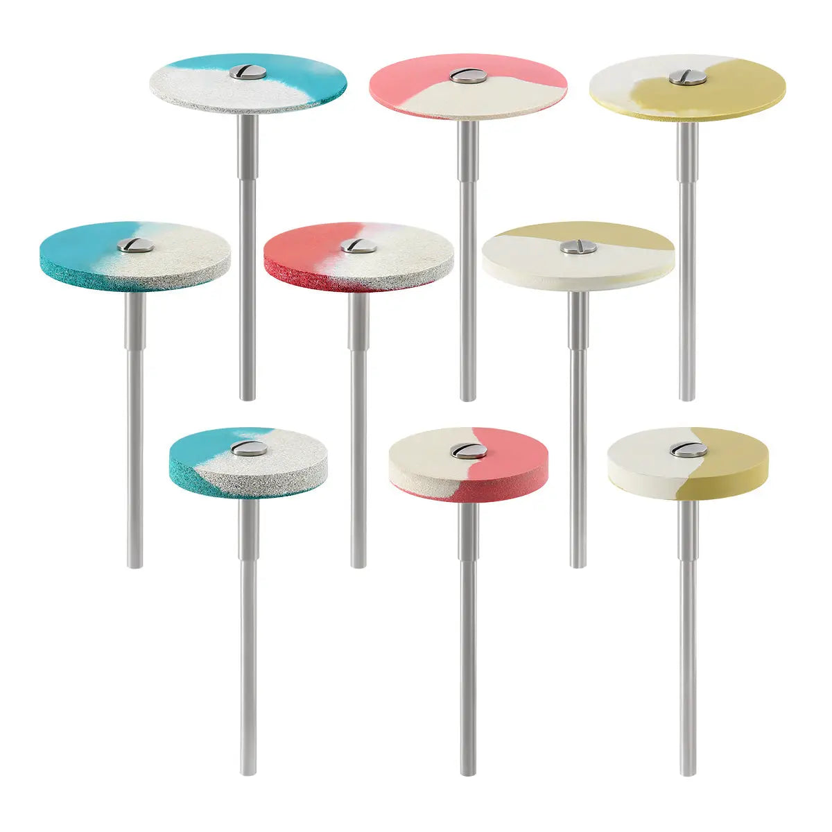 Dental Rubber Diamond Polisher Wheel Disc For Porcelain Coarse/Medium/Fine - Set of nine polishing discs in blue, red, and yellow colors with metal shanks, arranged in three rows showcasing different grit levels for dental laboratory use