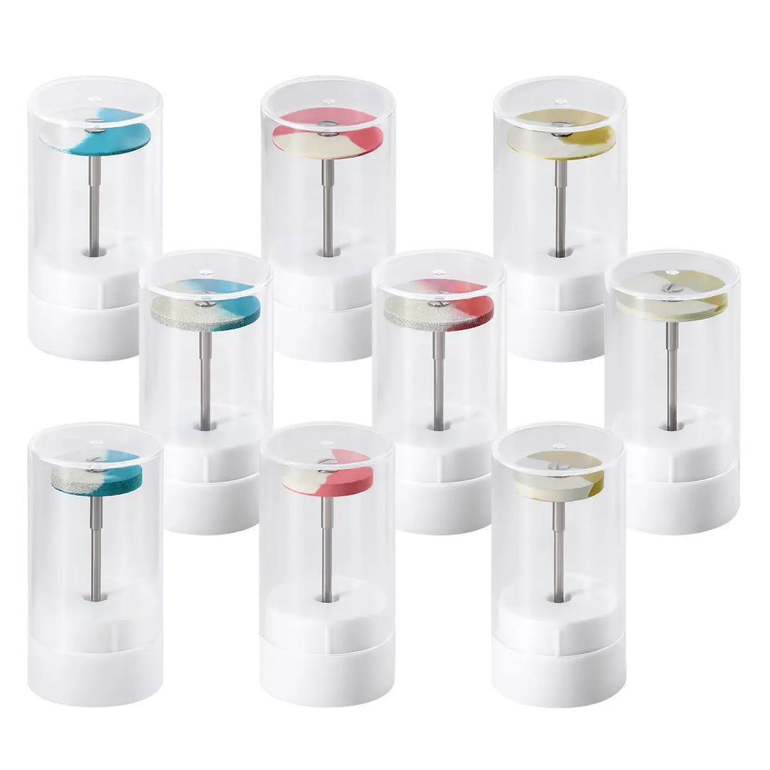 Dental Rubber Diamond Polisher Wheel Discs in coarse, medium, and fine grits for porcelain and zirconia restorations. Set of nine polishers in blue, red, and yellow colors, packaged in clear cylindrical containers with white bases, displaying high-quality dental laboratory tools.