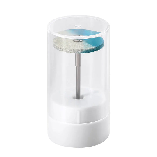 Dental Rubber Diamond Polisher Wheel Disc For Porcelain in clear plastic container. Blue and white disc attached to metal shank. Suitable for coarse, medium, and fine polishing of dental porcelain and zirconia restorations. High-quality laboratory tool for efficient polishing without glazing.