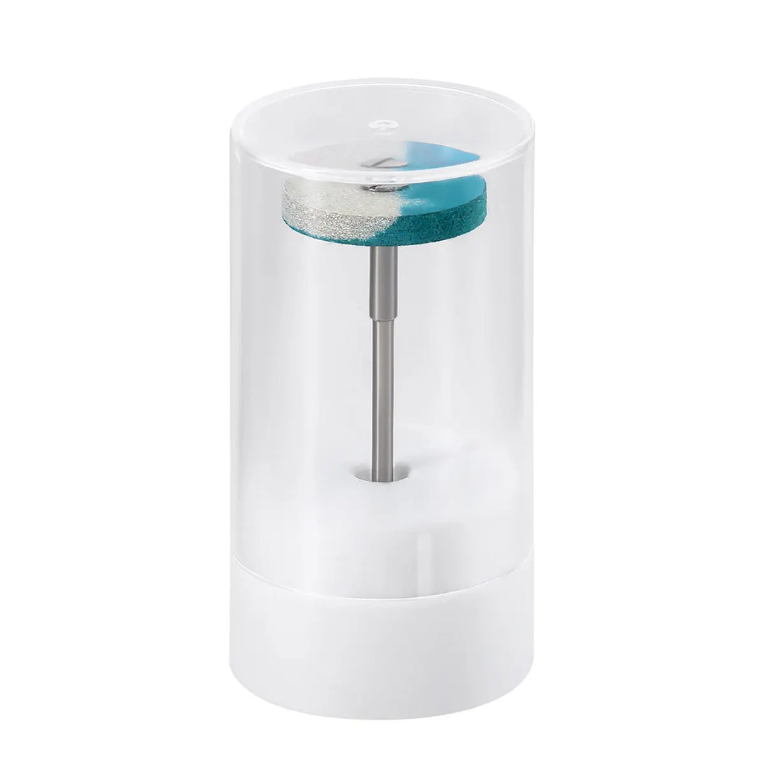 Dental Rubber Diamond Polisher Wheel Disc for Porcelain in clear plastic container. Blue-green polishing wheel mounted on metal shaft. Designed for efficient porcelain and zirconia restoration polishing in dental laboratories.